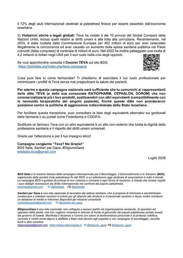 BOICOTTA TEVA LETTERA AI FARMACISTI Luglio 20262